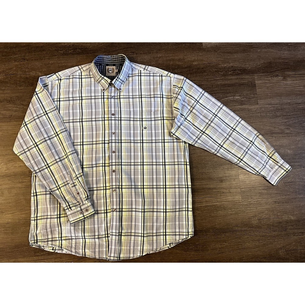 Cinch Western Button Down Shirt Mens XXLarge Gray & Yellow Plaid Logo B3
